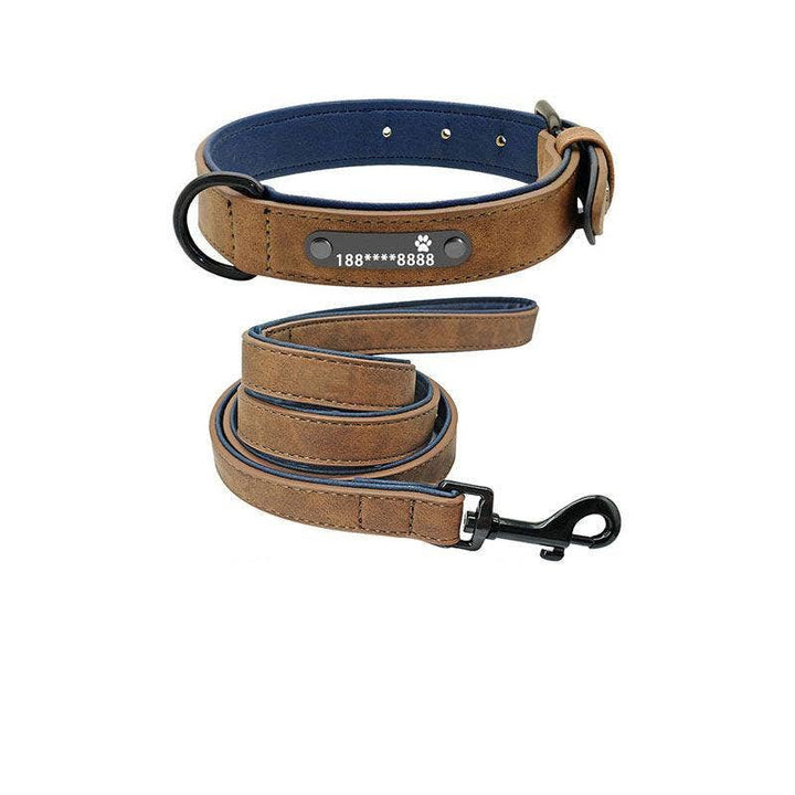 Personalized Leather Dog Collar with Anti-Lost Lettering for Dogs of All Sizes: Blue Plus 1.2 Tow Rope / L