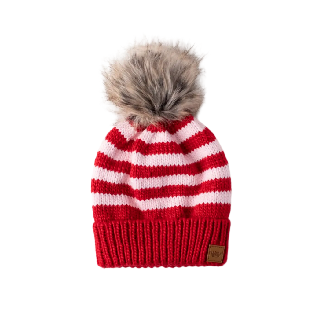 Striped Pom Hat, Red & Pink