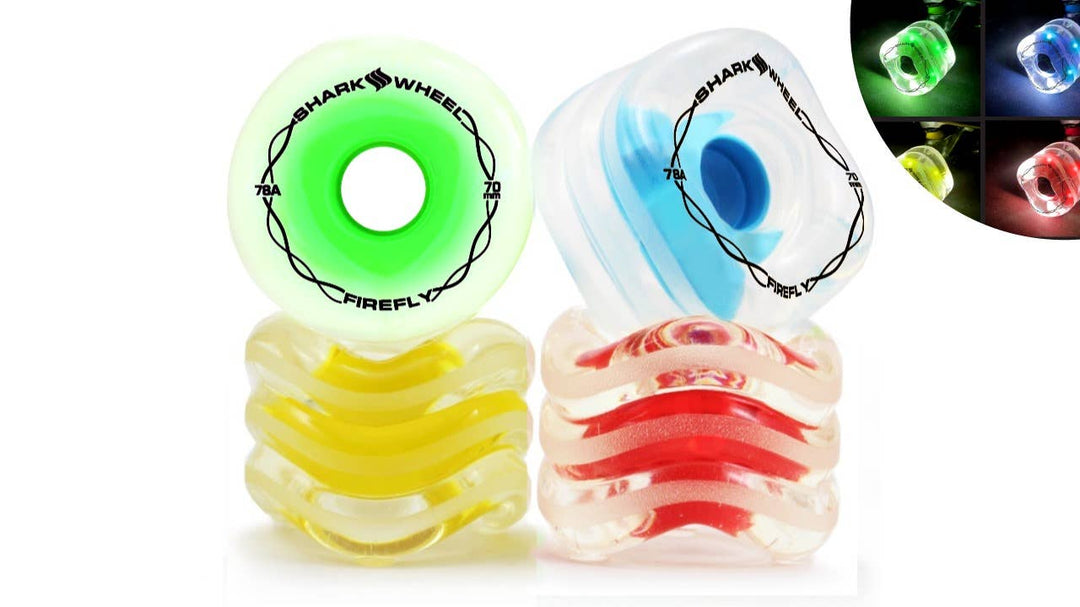 Shark Wheel 70mm, 78a Firefly Light Up Wheels: Clear with Blue, Red, Green, Yellow Lights