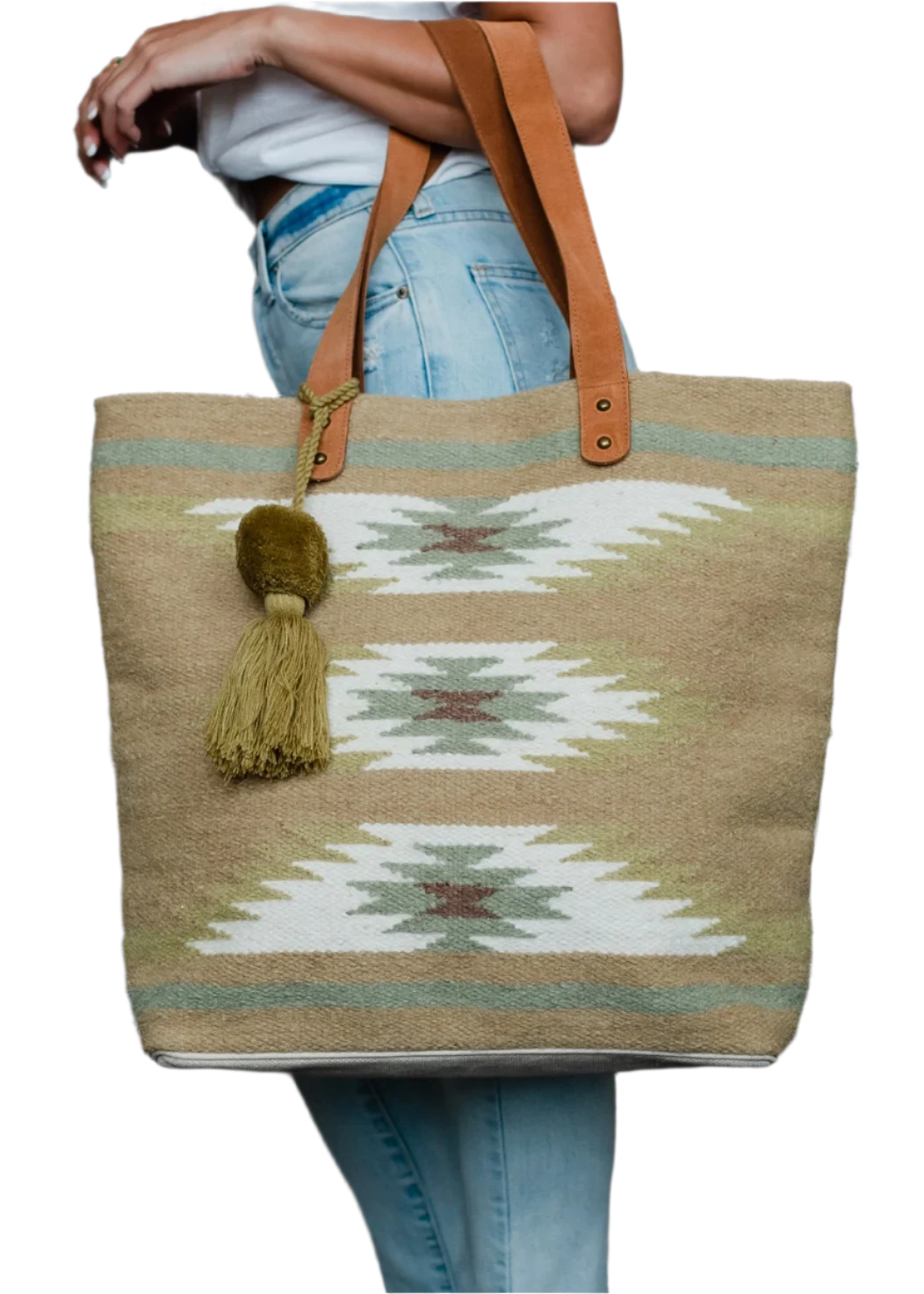 Tan & Light Green Aztec Tote