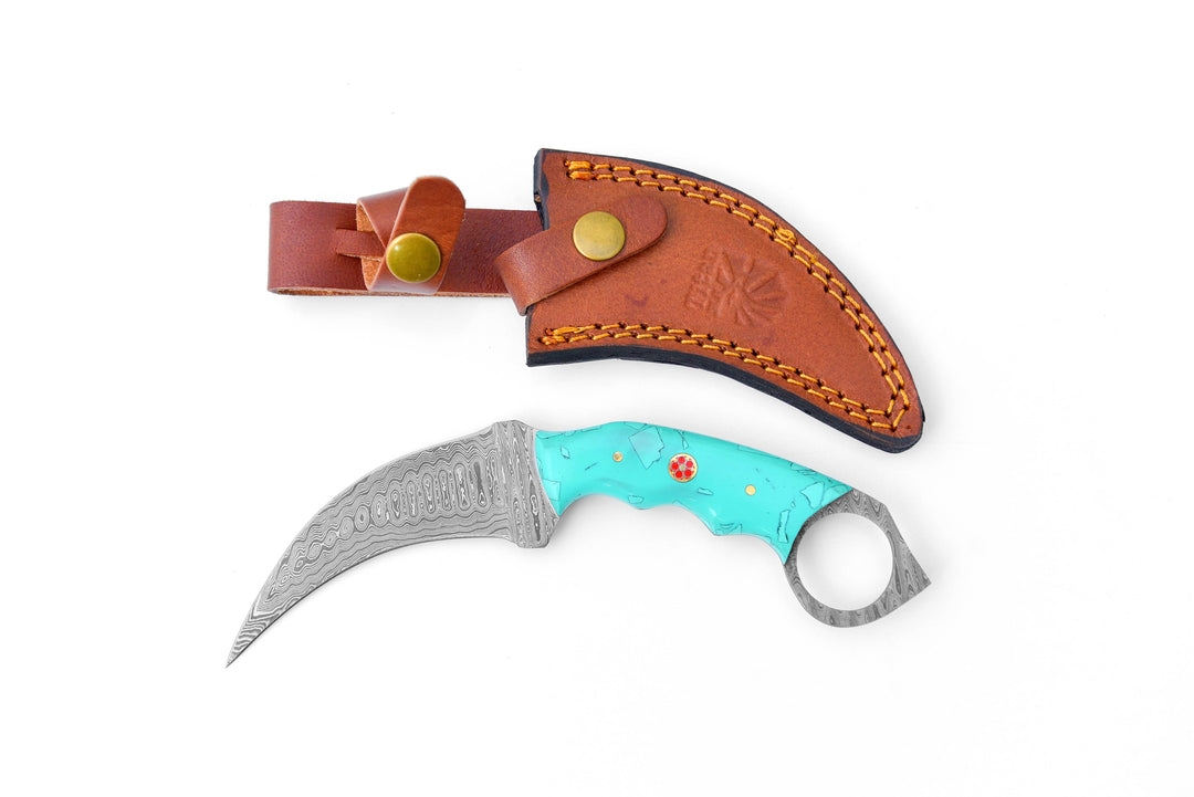 Damascus Karambit with Turquoise Resin Scales / Double Edge Karambit by Titan TD-197