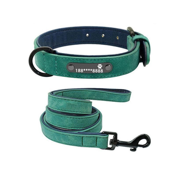 Personalized Leather Dog Collar with Anti-Lost Lettering for Dogs of All Sizes: Green Plus 1.2 Tow Rope / M