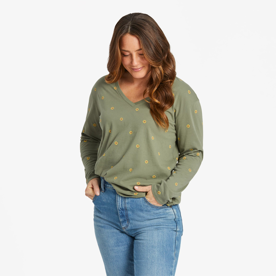 W's Simple Sunflower Pattern Long-Sleeve Crusher-LITE Easy Vee