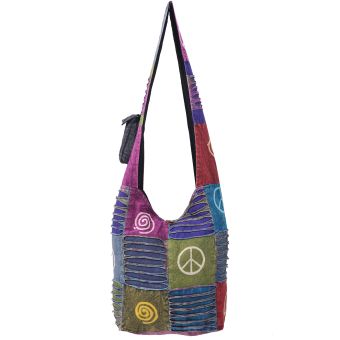 Deep Washed Peace and Spiral Stamped Cotton Hobo Bag