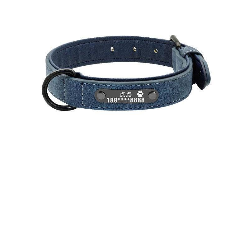 Personalized Leather Dog Collar with Anti-Lost Lettering for Dogs of All Sizes: Blue Plus 1.2 Tow Rope / L