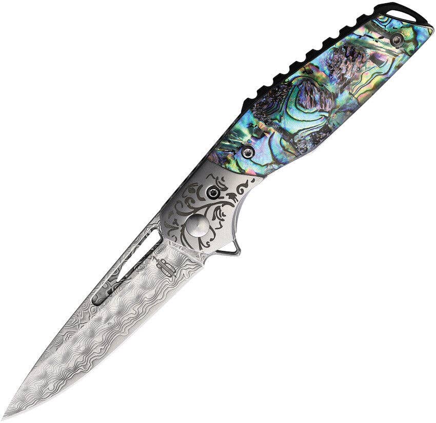 Damascus Abalone Shell Pocket Knife