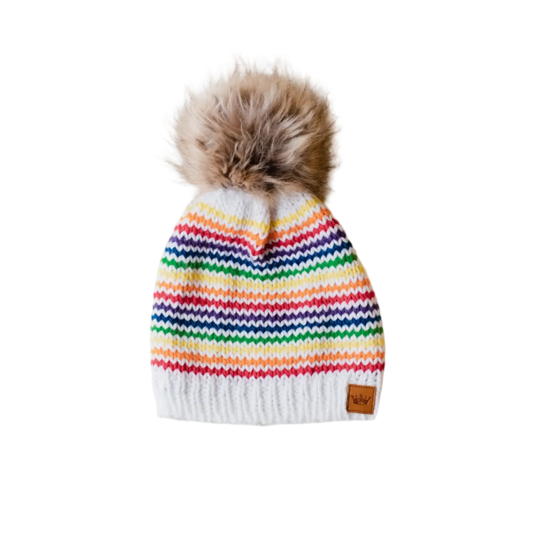 Striped Pom Hat, White & Rainbow