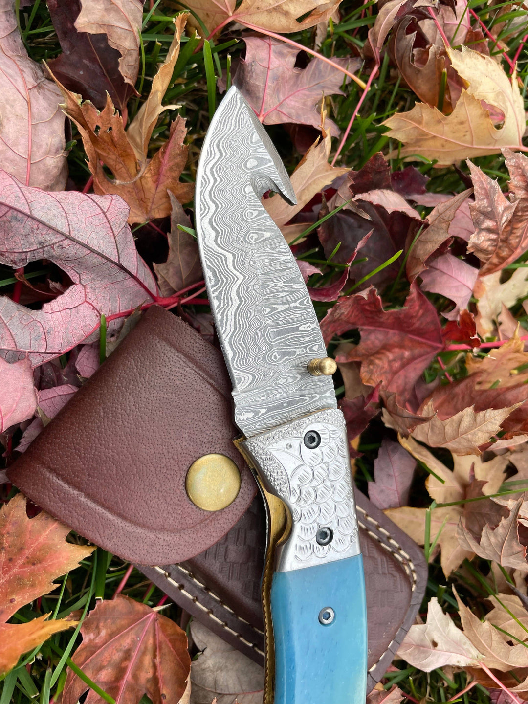 Damascus Steel Gut hook Folding Knife with Dyed Bone TK-39