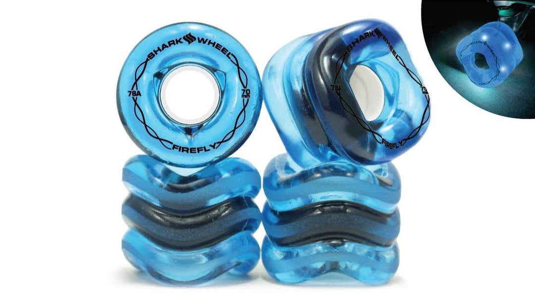 Shark Wheel 70mm, 78a Firefly Light Up Wheels: Clear with Blue, Red, Green, Yellow Lights