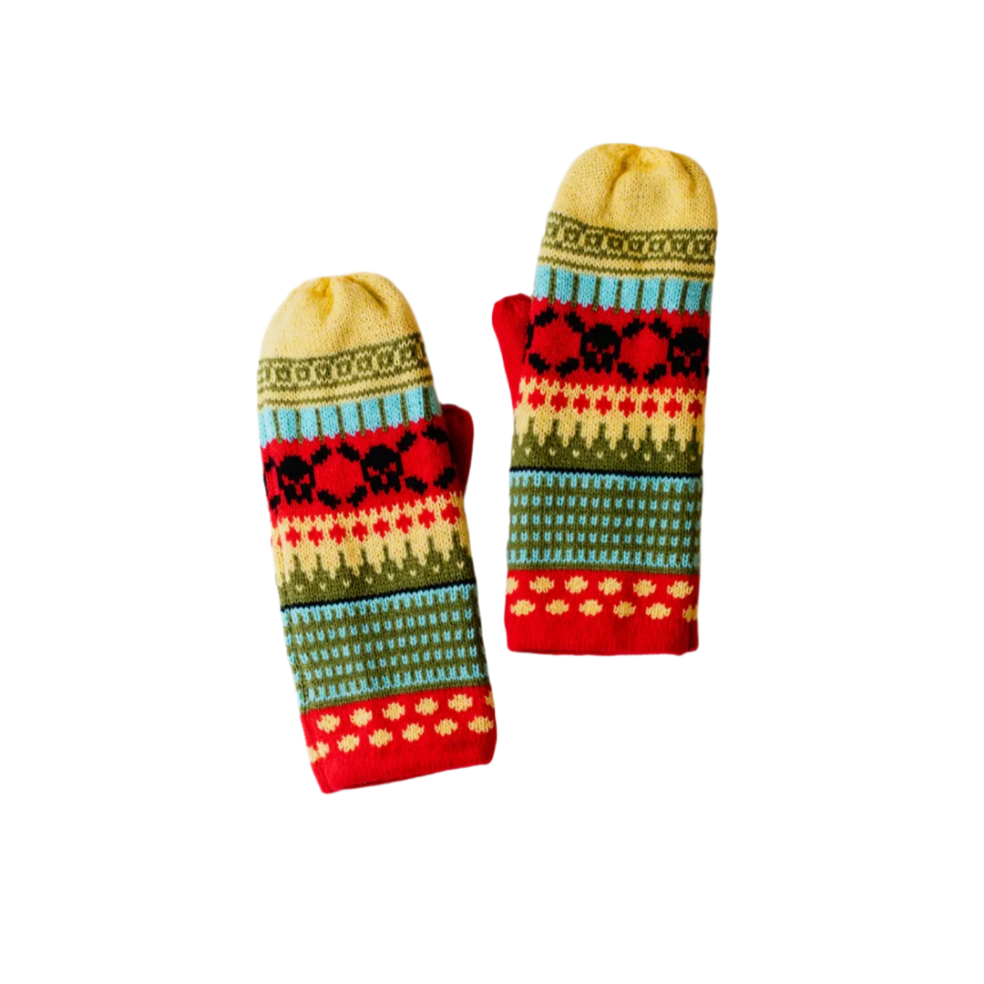 Yellow, Red & Black Patterned Knit Mittens