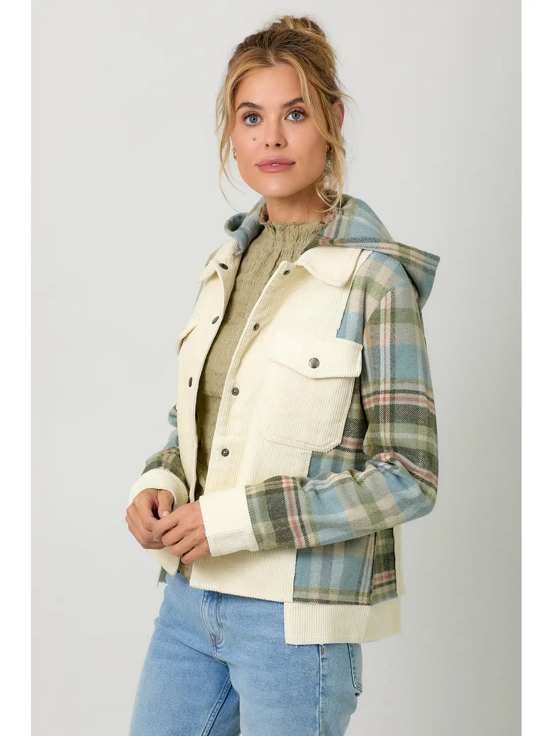 W's Corduroy and Plaid Hooded Jacket