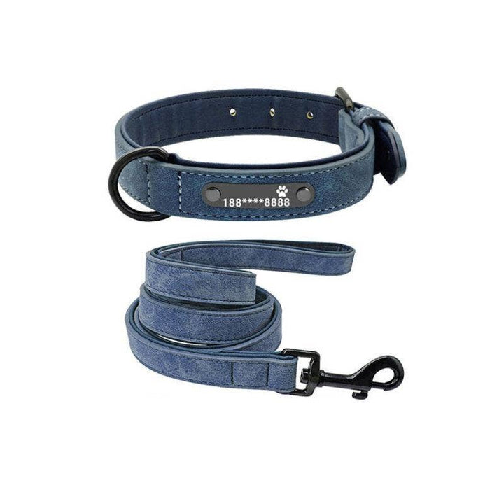 Personalized Leather Dog Collar with Anti-Lost Lettering for Dogs of All Sizes: Blue Plus 1.2 Tow Rope / L