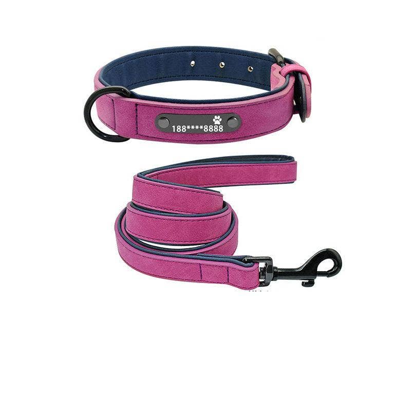 Personalized Leather Dog Collar with Anti-Lost Lettering for Dogs of All Sizes: Pink Plus 1.2 Traction Rope / S