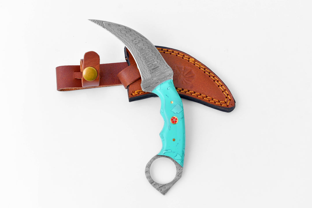 Damascus Karambit with Turquoise Resin Scales / Double Edge Karambit by Titan TD-197