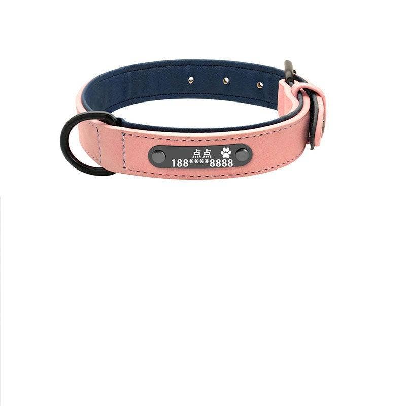 Personalized Leather Dog Collar with Anti-Lost Lettering for Dogs of All Sizes: Pink Plus 1.2 Traction Rope / S