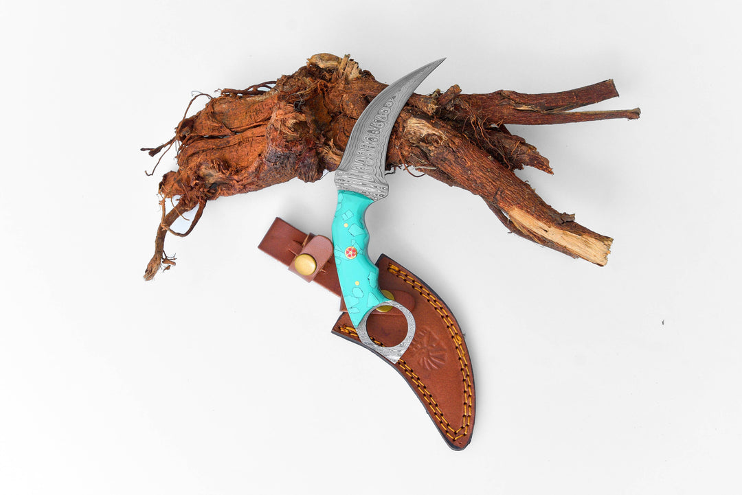 Damascus Karambit with Turquoise Resin Scales / Double Edge Karambit by Titan TD-197