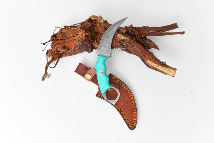 Damascus Karambit with Turquoise Resin Scales / Double Edge Karambit by Titan TD-197