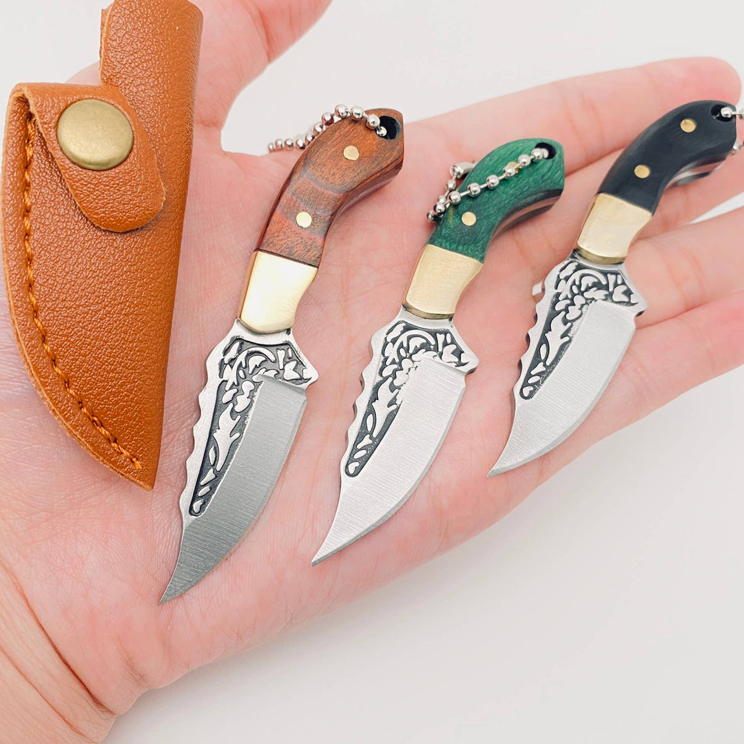 Wooden Handle Portable Mini Stainless Steel Embossed Knife: Green